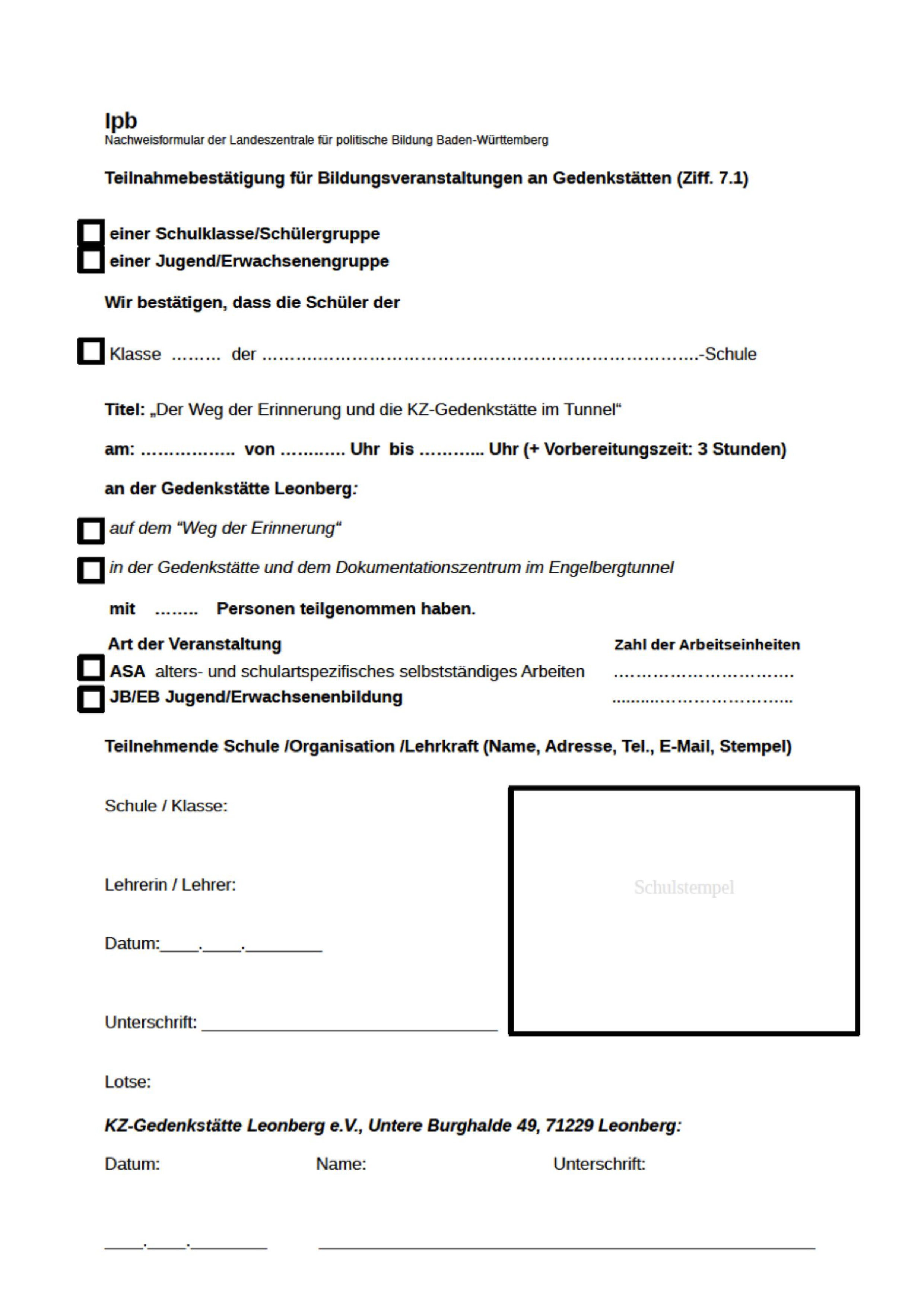 Nachweisformular/Teilnahmebestätigung