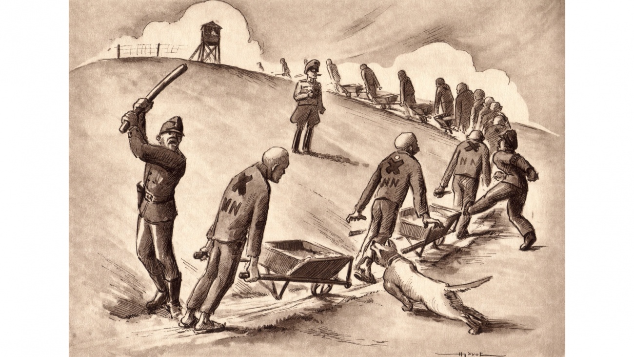 Fronarbeit, Zeichnung von Henri Gayot, KZ-Häftling des Stammlagers Natzweiler-Struthof - Quelle: Gedenkstätte Natzweiler, ©Collection CERD, Museum Struhof